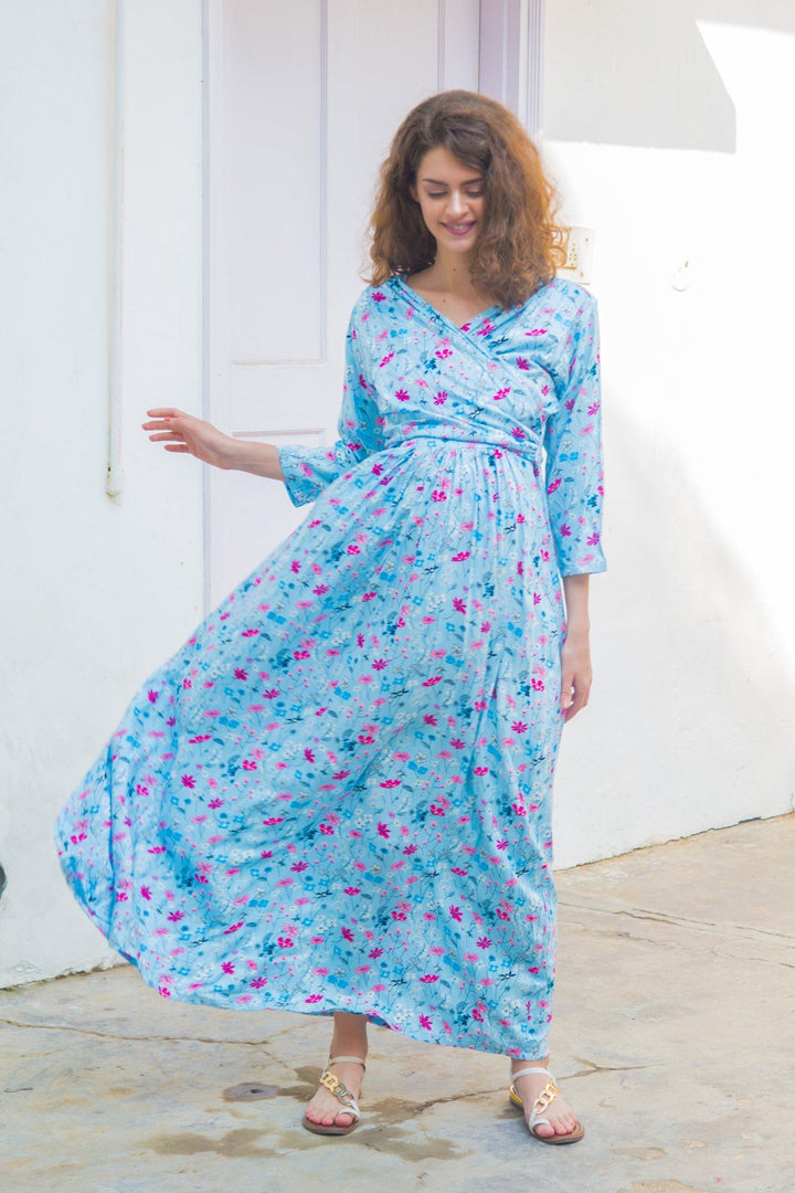 Sky Blue Floral  Maternity & Nursing Wrap Dress - MOMZJOY.COM