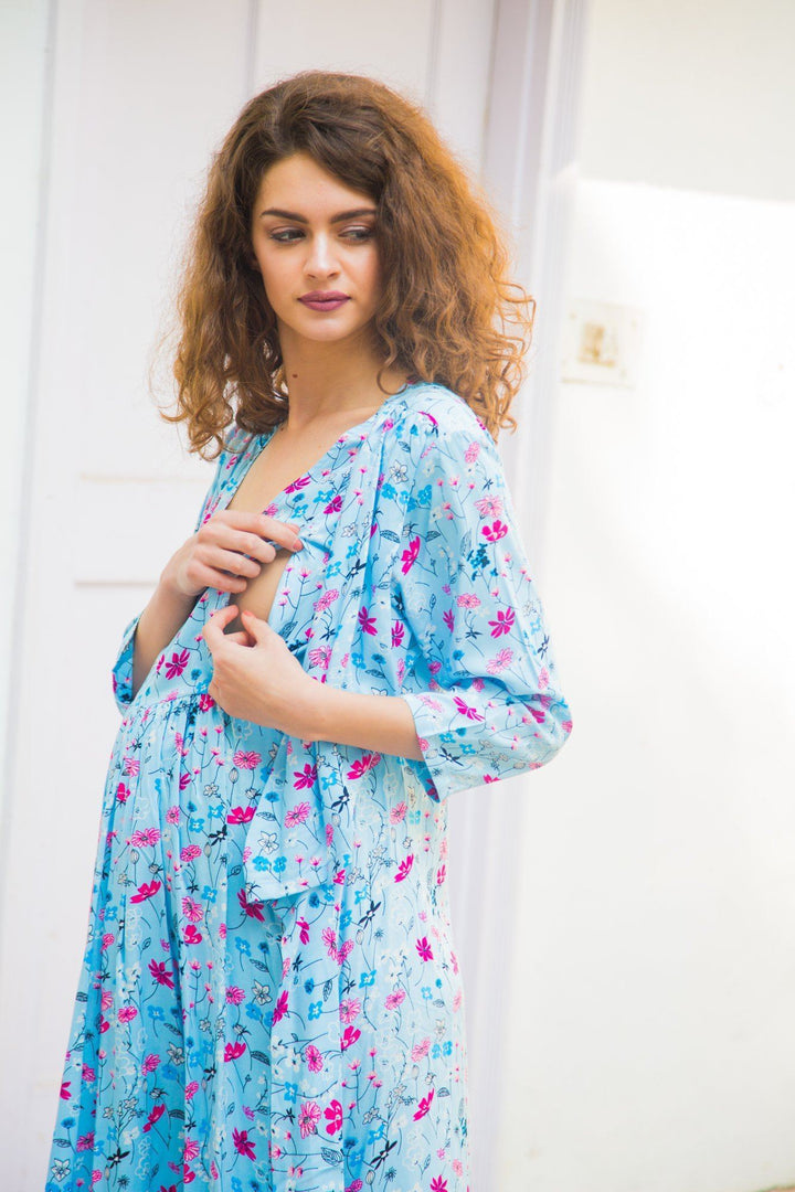 Sky Blue Floral  Maternity & Nursing Wrap Dress - MOMZJOY.COM