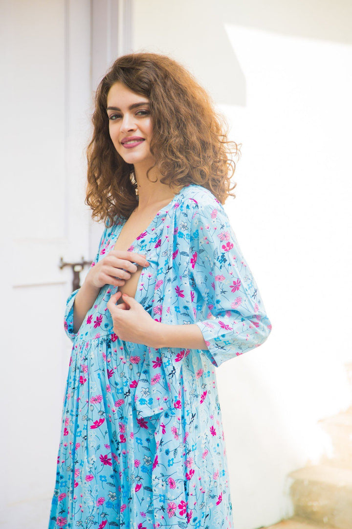 Sky Blue Floral  Maternity & Nursing Wrap Dress - MOMZJOY.COM