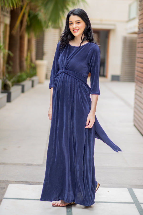 Elegant Blue Pleated Maternity Knot Dress MOMZJOY.COM