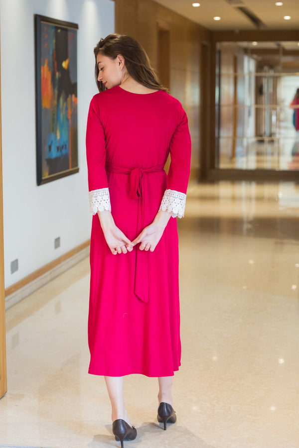 Classy Pinkish-Red Front Knot Lycra Maternity Dress MOMZJOY.COM