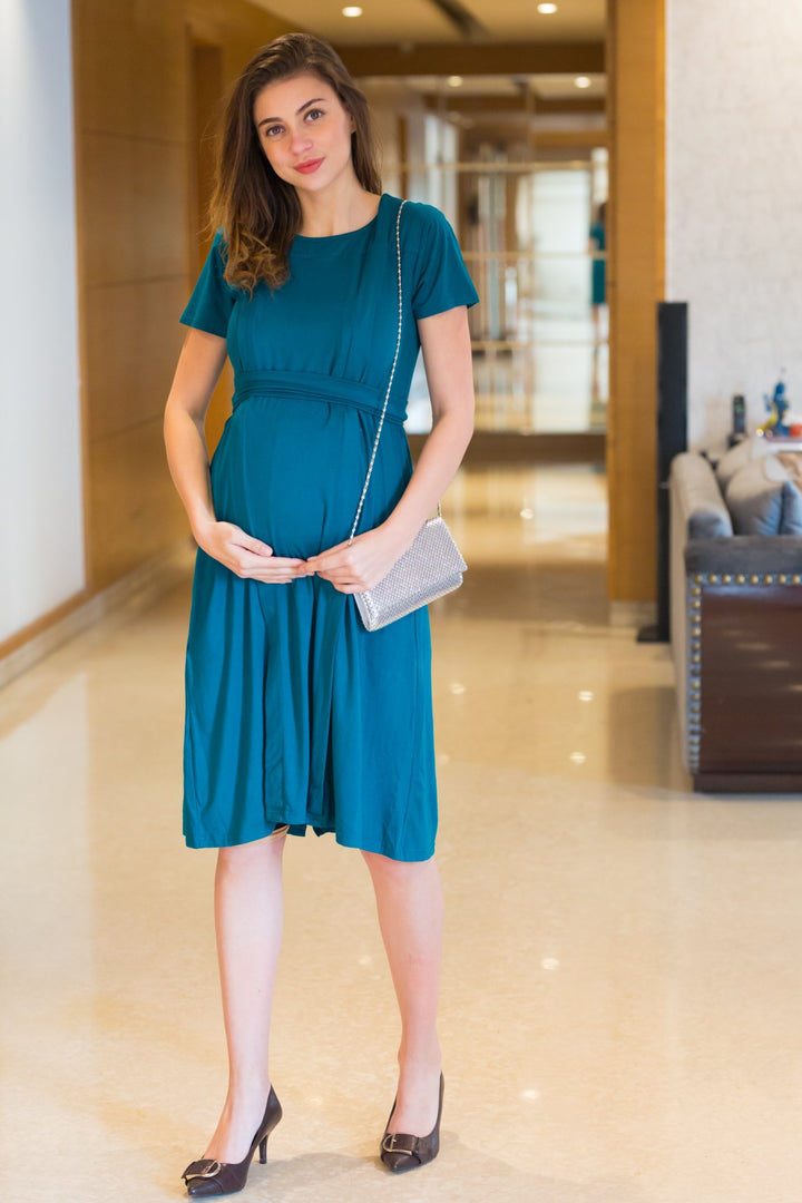 Teal Stretchable Maternity & Nursing Dress MOMZJOY.COM