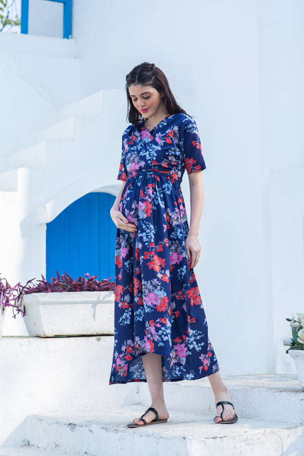 Navy Blue Peony Maternity & Nursing Hi-Low Wrap Dress momzjoy.com