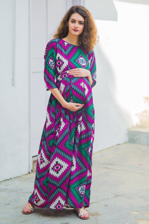 Azure Abstract Concealed Zip Maternity & Nursing Maxi momzjoy.com