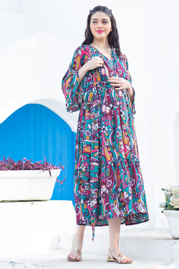 Boho Flower Frill Maternity & Nursing Midi Wrap Dress momzjoy.com