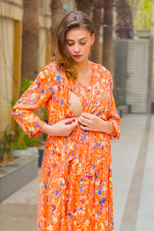 Tangy Orange Maternity & Nursing Wrap Dress MOMZJOY.COM