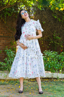 Angelic White Bloom Maternity & Nursing Frill Dress momzjoy.com