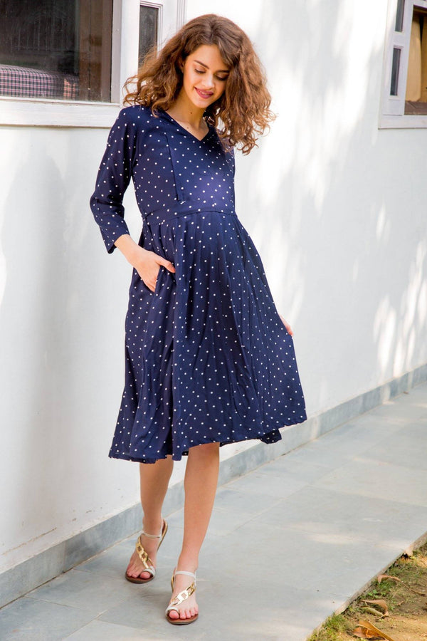 Indigo Polka Maternity & Nursing Dress–
