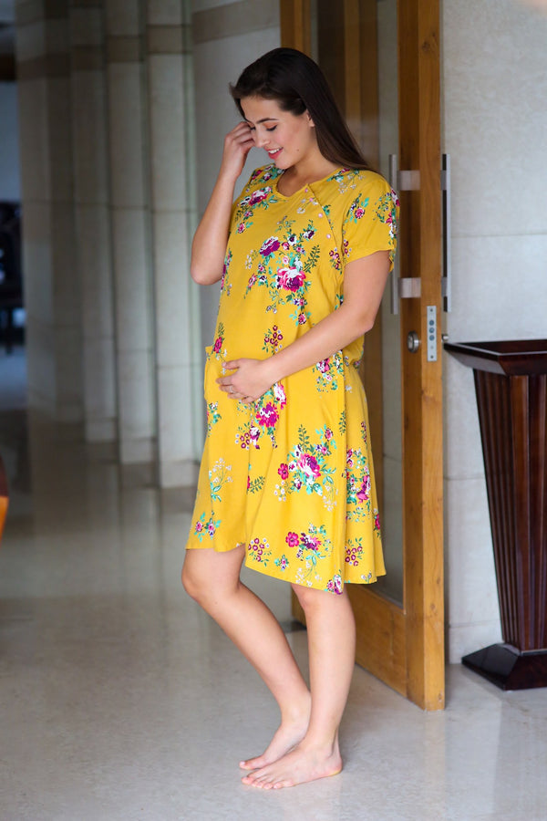 Sunrise Shoulder Snap Maternity & Nursing Dress / Delivery Gown/ Night Dress MOMZJOY.COM