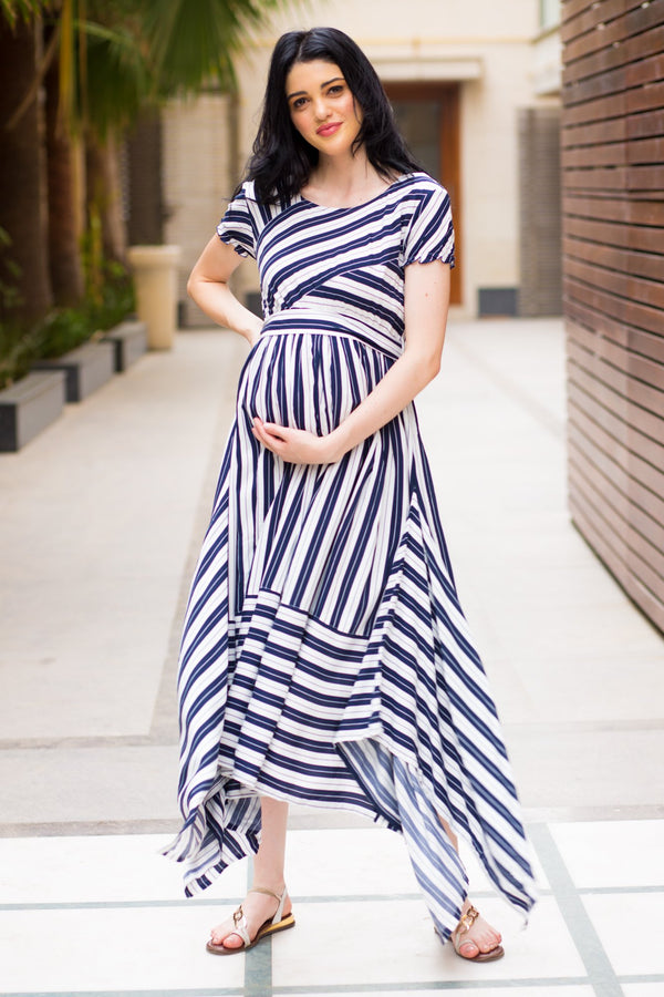 Unique Assymetrical Striped Maternity Dress - MOMZJOY.COM