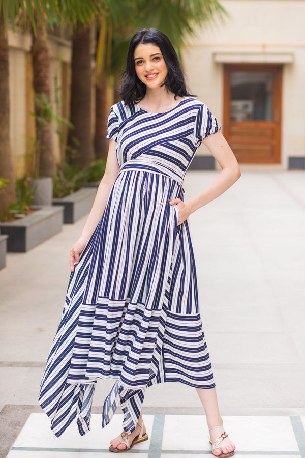 Unique Assymetrical Striped Maternity Dress - MOMZJOY.COM