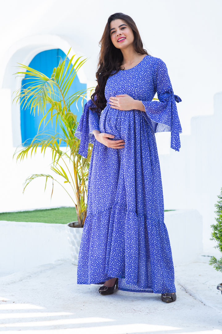 Midnight Starry Blue Maternity & Nursing Frill Dress momzjoy.com