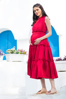 Hot Red Maternity & Nursing Concealed Zips Frill Dress momzjoy.com