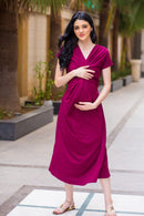 Maroon Berry Front Knot Lycra Maternity Dress MOMZJOY.COM