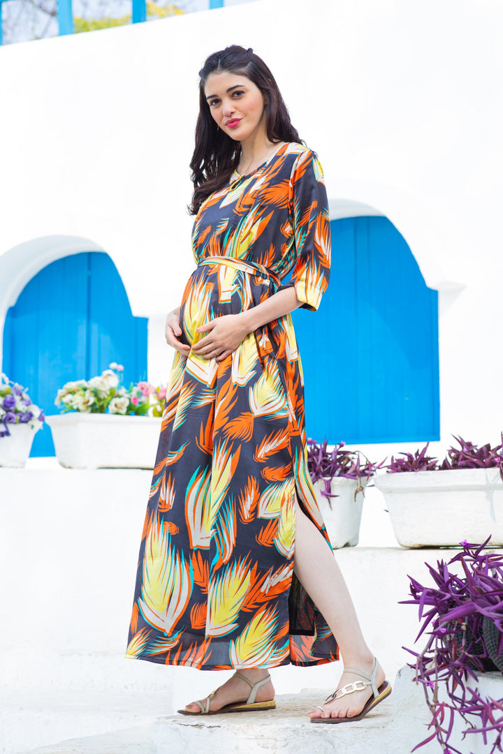 Tropical Crepe Side Slit Maternity & Feeding Dress MOMZJOY.COM