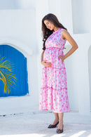 Royal Baby Pink Maternity & Nursing Concealed Zips Frill Dress momzjoy.com