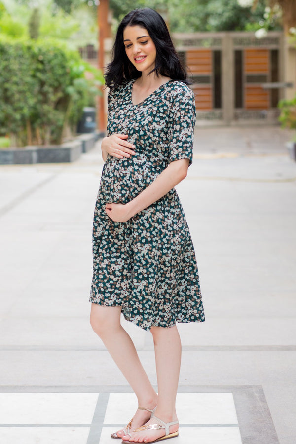 Emerald Floral Maternity & Nursing Dress MOMZJOY.COM