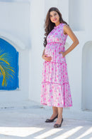 Royal Baby Pink Maternity & Nursing Concealed Zips Frill Dress momzjoy.com