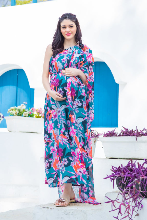 Luxe Chiffon One Shoulder Floral Maternity Gown MOMZJOY.COM