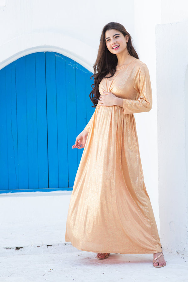 Classic Gold Shimmer Pleated Maternity Knot Dress MOMZJOY.COM