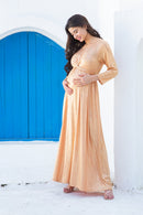 Classic Gold Shimmer Pleated Maternity Knot Dress MOMZJOY.COM