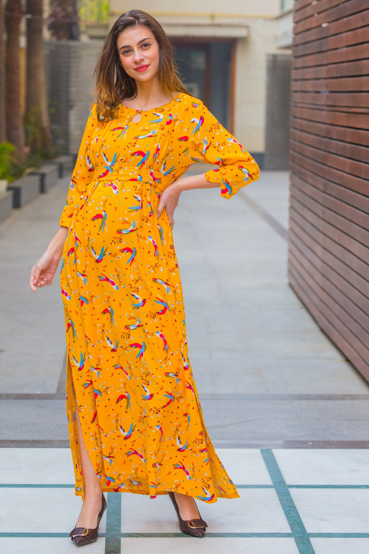 Yellow Birds Side Slits Maternity & Nursing Dress MOMZJOY.COM