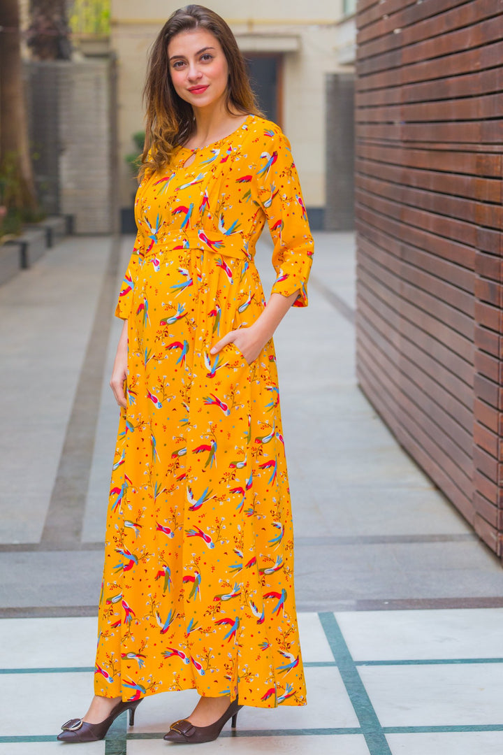 Yellow Birds Side Slits Maternity & Nursing Dress MOMZJOY.COM