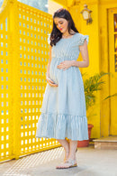 Sage Striped Maternity & Nursing Frill Dress