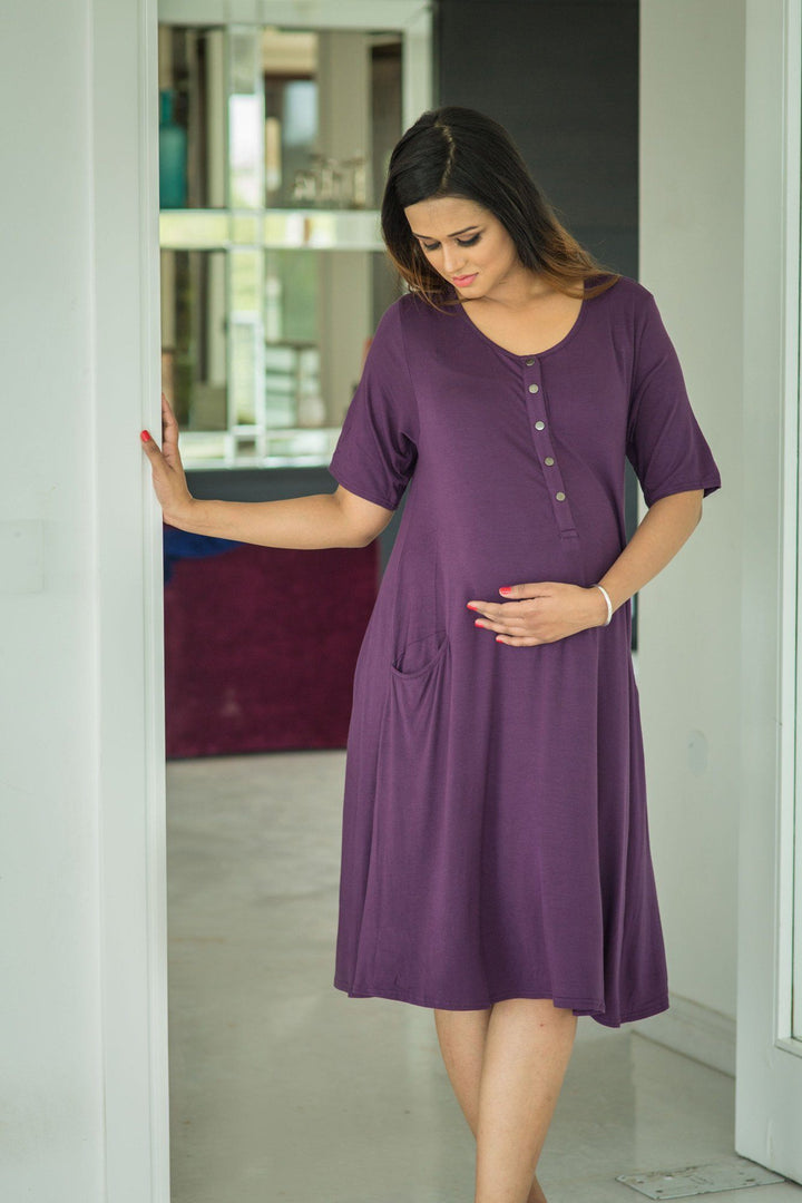 Deep Purple Maternity & Nursing Pocket Dress - MOMZJOY.COM