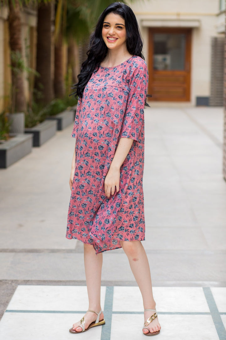 Peachy Floral Maternity & Nursing Horizontal Zip Dress momzjoy.com