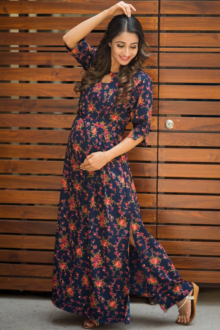 Blue Tangerine Floral Side Slits Concealed Zips Feeding Dress - MOMZJOY.COM