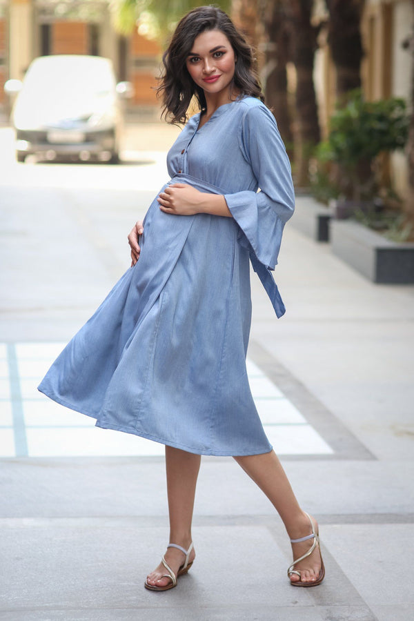 Denim Front Button Maternity & Nursing Dress momzjoy.com