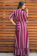 Plum Striped Hi-Low Frill Maternity & Nursing Wrap Dress momzjoy.com