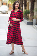 Slick Titan Red Plaid Maternity & Nursing Button Dress momzjoy.com