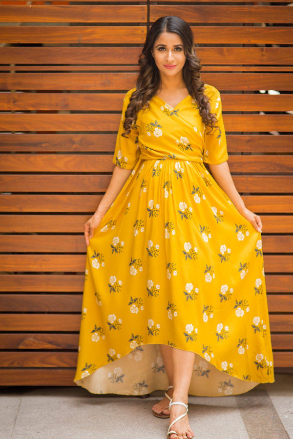 Canary Yellow Floral Hi-Low Dress Maternity & Nursing Dress - MOMZJOY.COM