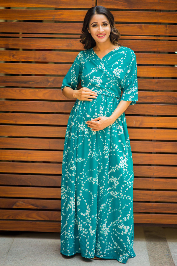 Leafy Green Luxe Maternity & Nursing Wrap Dress - MOMZJOY.COM