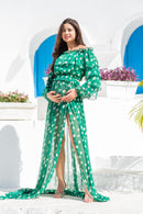 Emerald Polka Off Shoulder Skirt Maternity & Nursing Photo Shoot Gown momzjoy.com