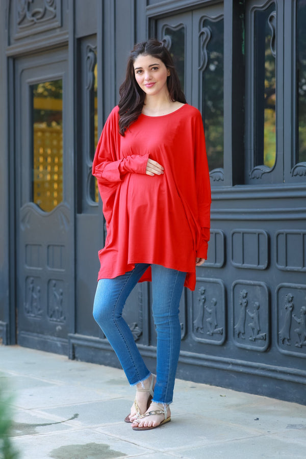 Berry Red Stretchable Maternity Kaftan Top momzjoy.com
