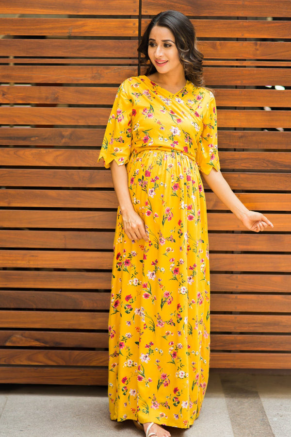 Sunny Yellow Blossom Maternity& Nursing Wrap Dress - MOMZJOY.COM