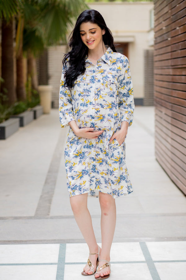 White Floral Maternity & Nursing Shirt Dress momzjoy.com