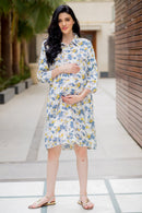 White Floral Maternity & Nursing Shirt Dress momzjoy.com