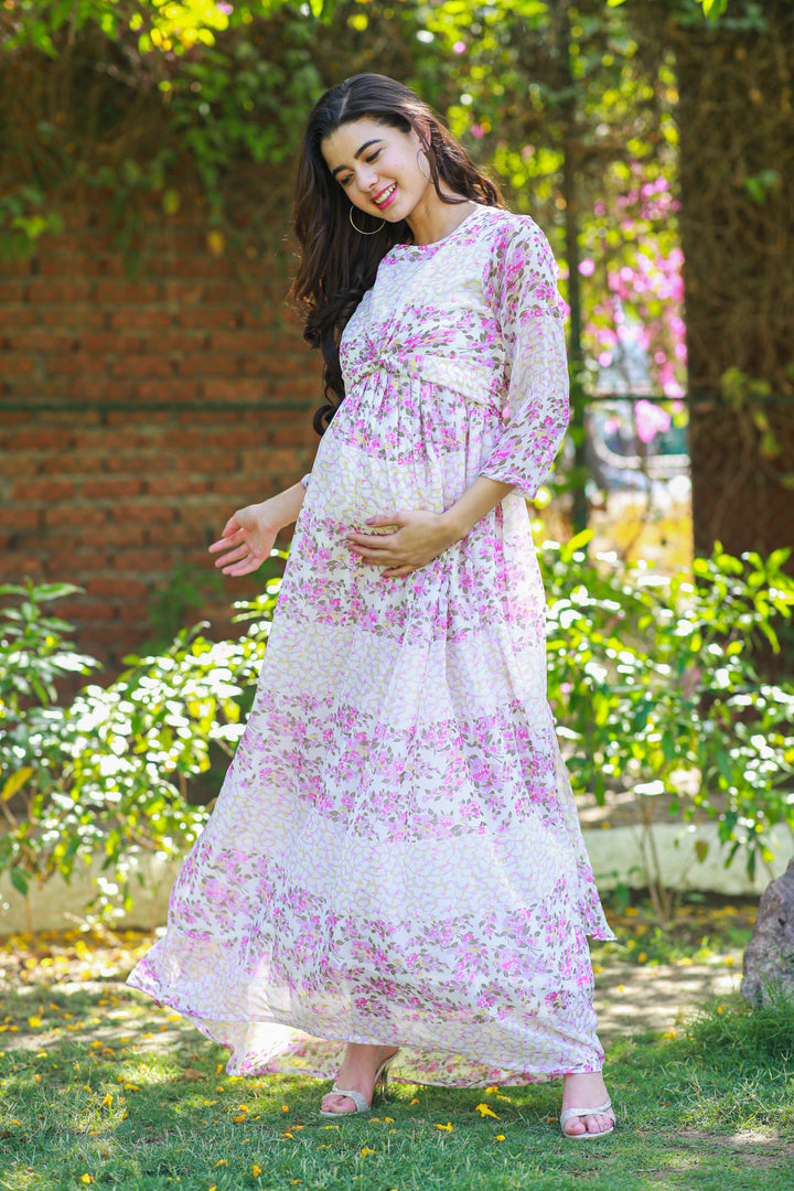 Luxe Rosy Pink Maternity Knot Dress MOMZJOY.COM