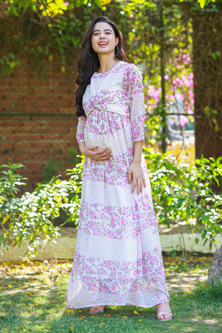 Luxe Rosy Pink Maternity Knot Dress MOMZJOY.COM