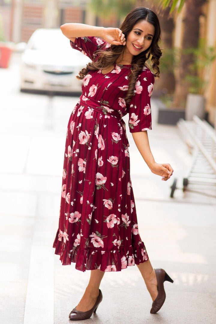 Burgandy Floral Striped Frill Concealed Zips Maternity & Nursing Dress - MOMZJOY.COM