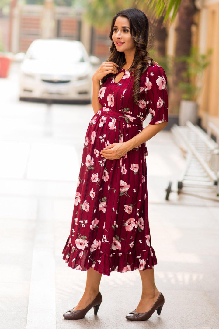 Burgandy Floral Striped Frill Concealed Zips Maternity & Nursing Dress - MOMZJOY.COM