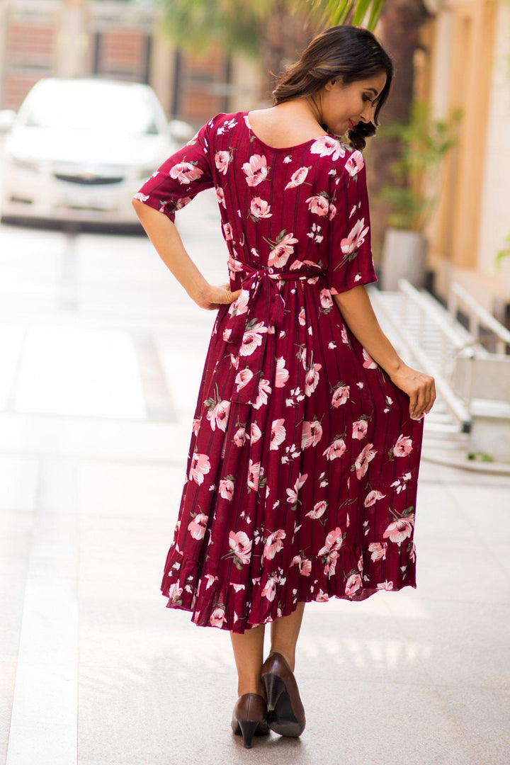 Burgandy Floral Striped Frill Concealed Zips Maternity & Nursing Dress - MOMZJOY.COM