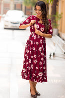 Burgandy Floral Striped Frill Concealed Zips Maternity & Nursing Dress - MOMZJOY.COM