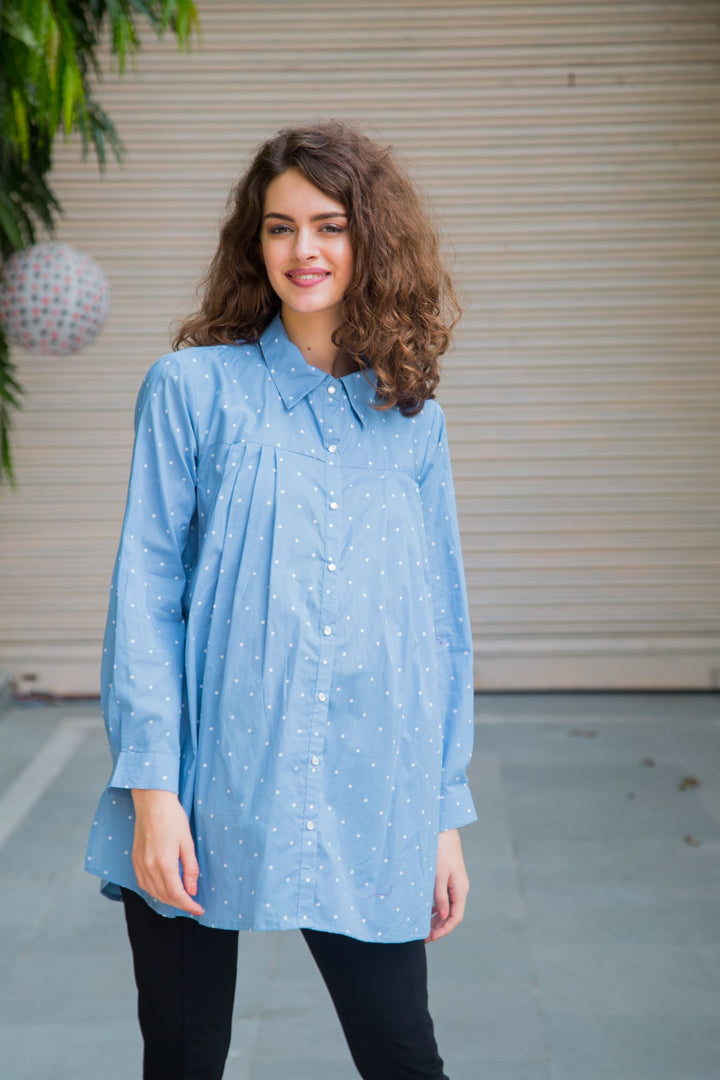 Sky Blue Polka Cotton Gathered  Maternity & Nursing Top - MOMZJOY.COM