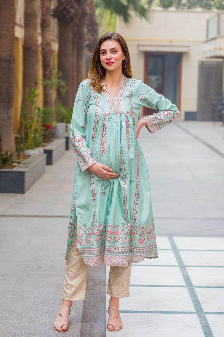 Set of 2 - Luxe Mint Maternity Kurta + Bump Band Bottom - MOMZJOY.COM