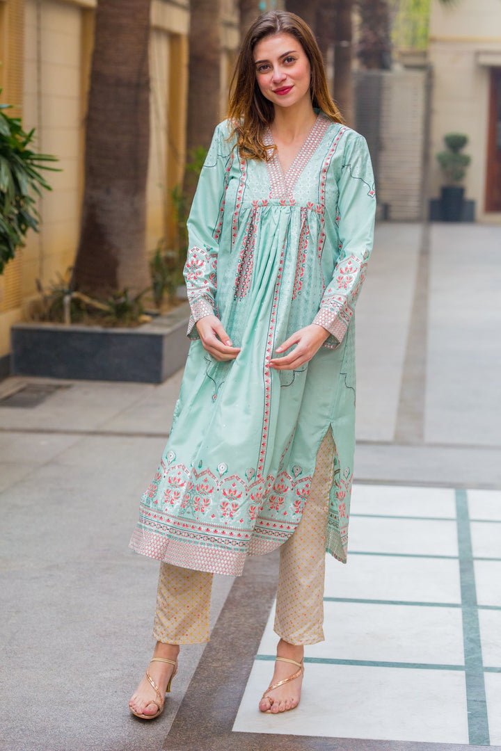 Set of 2 - Luxe Mint Maternity Kurta + Bump Band Bottom - MOMZJOY.COM